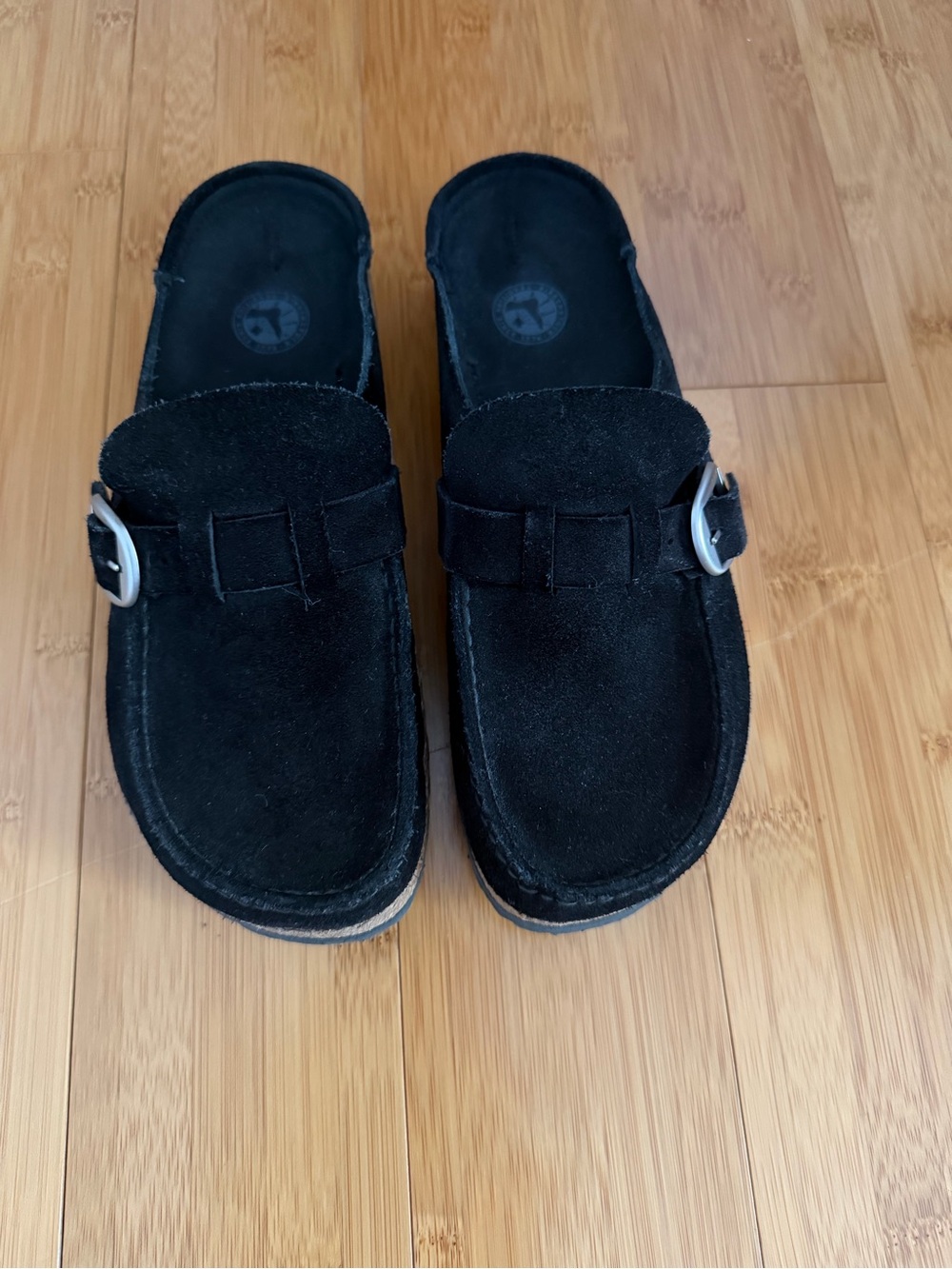 Birkenstock Black Suede Buckle Clog Mule with Cork Midsole - Picture 2 of 3